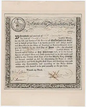 Image 12Certificate of the government of Massachusetts Bay acknowledging loan of £20 to state treasury 1777 (from History of New England)
