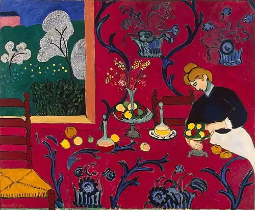 An abstract painting of a woman sitting next to a dining table