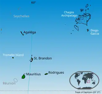 * Islands of Mauritius labelled in black. * Tromelin Island (part of the French Southern and Antarctic Lands, claimed by Mauritius). * The Chagos Archipelago (the British Indian Ocean Territory) are set to be transferred to Mauritius in 2026.[2]