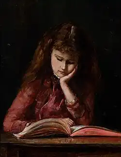 May Vale (1890s) A Girl Reading. Oil on canvas 25.6 x 20.7 cm. Castlemaine Art Museum