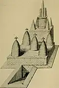 A drawing in perspective of a building with a subterranean entrance and 14 protrusions.