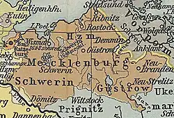 Mecklenburg circa 1648, showing the division between Mecklenburg-Schwerin and Mecklenburg-Güstrow