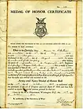 Medal of Honor Certificate presented to Marcus W. Robertson