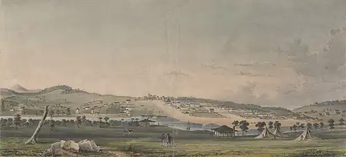 Landscape illustration of a colonial settlement with houses, tents, and small groups of people.