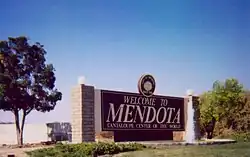 Welcome sign at south end of Mendota along Highway 180