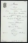Menu for dinner for Hastings on eve of his wedding to Helen Benedict. Sherry's, Manhattan, April 26, 1900.
