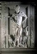 Statue of the Roman god Mercury, with his attributes: winged helmet, caduceus, winged sandals, purse, rooster, and goat; 17th century.