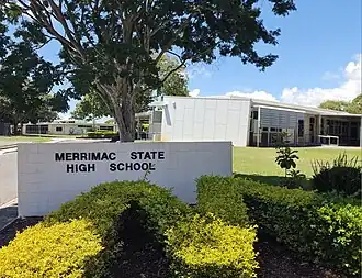 Front entrance signage of Merrimac State High School, 2026