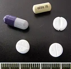 Clockwise from top: Concerta 18&nbsp;mg, Medikinet 5&nbsp;mg, Methylphenidate TAD 10&nbsp;mg, Ritalin 10&nbsp;mg, Medikinet&nbsp;XL 40&nbsp;mg