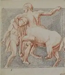 Drawing of a man fighting a centaur.