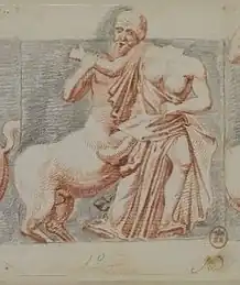 Drawing of a man fighting a centaur.
