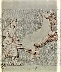 Drawing of a man fighting a centaur.