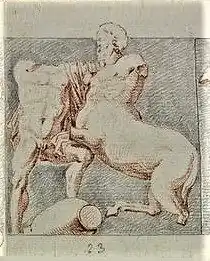 Drawing of a man fighting a centaur.
