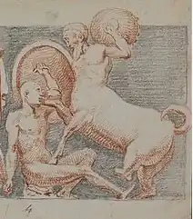 Drawing of a man fighting a centaur.