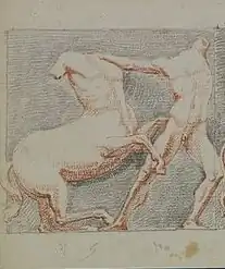 Drawing of a man fighting a centaur.