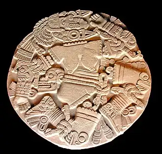 Coyolxauhqui Stone (Aztec); c. 1469–1481; stone; diameter: 3 m; Templo Mayor Museum (Mexico City)[74]