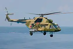 A Baltic Fleet Naval Aviation Mil Mi-8AMTSh helicopter flying over the Gulf of Finland, 2021