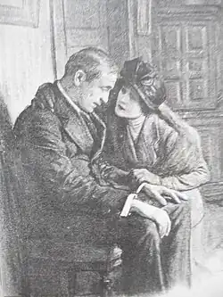 A despondent man, comforted by a woman who leans toward him and puts her arm around his neck.