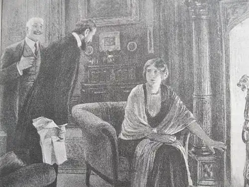 Characters from the novel illustrated for La Petite Illustration. A salon scene in front of a fireplace; a woman seated by the fire with two men speaking to her.