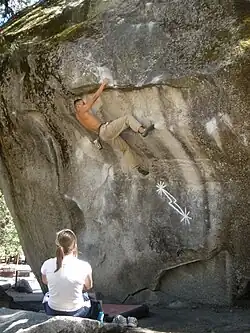 Michael Rael Armas on Midnight Lightning, Camp 4 (Yosemite National Park, US), one of the world's most famous bouldering problems
