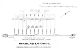 Top-down diagram of the eastern site showing the railway tunnel proceeding laterally and a series of galleries branching off the railway tunnel