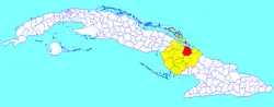 Minas municipality (red) within Camagüey Province (yellow) and Cuba
