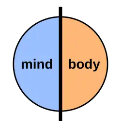 Diagram of a circle divided into two sides with the texts "mind" and "body"