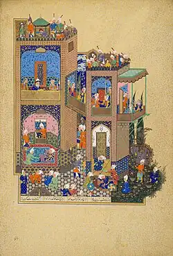 “The Nightmare of Zahhak”, from the Shahnameh of Shah Tahmasp;&nbsp;c. 1525–35; opaque watercolor, ink, and gold on paper; 47.2&nbsp;cm (height) x 32.1&nbsp;cm (width); held at the Museum of Islamic Art.