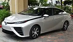 The Toyota Mirai is one of the first hydrogen fuel-cell vehicles to be sold commercially to retail customers, initially, only in Japan and California.[88][89]