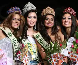 The Swarovski Crowns, as worn by Miss Earth 2007 elemental court: Miss Earth-Water Silvana Santaella, Miss Earth Jessica Trisko, Miss Earth-Air Pooja Chitgopekar, and Miss Earth-Fire Ángela Gómez respectively.