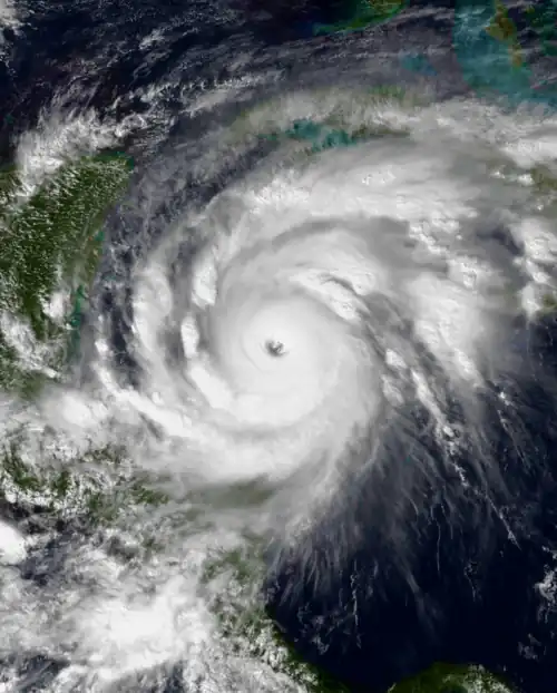 Satellite image of Hurricane Mitch over the Western Caribbean Sea with a large and well-defined eye