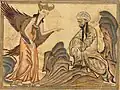 Mohammed receiving his first revelation from the angel Gabriel. Illustration on vellum in Jami' al-tawarikh by Rashid al-Din Hamadani, Tabriz, Persia, 1307.