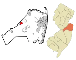 Map of Yorketown highlighted within Monmouth County. Right: Location of Monmouth County in New Jersey.