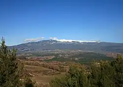 Forested mountain, with white peak