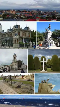 Top: Panoramic view of downtown Punta Arenas, from La Cruz Hills Second: Sara Braun Palace (Palacio Sara Braun), Ferdinand Magellan Monument in Muñoz Gamero Square (Plaza Muñoz Gamero) Third: Punta Arenas Sacred Heart Cathedral, Cemetery of Punta Arenas Fourth: Shepherd Monument, Goleta Ancud Monument Bottom: An overview of Strait of Magellan, from Costanera area