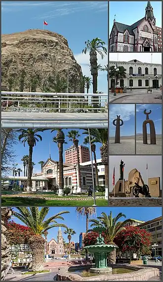 Clockwise from top left: Morro de Arica, Arica Cathedral, station of the Arica-La Paz railway, Casa de la Cultura de Arica, Presencias tutelares sculptures, Museum of History and Weapon, and Plaza Colón