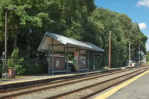 A railway station with two tracks and two low-level side platforms. A canopy with an angular roof is located on one platform.