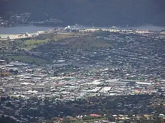 Lutana is behind Moonah in this view from the west from Lost World.