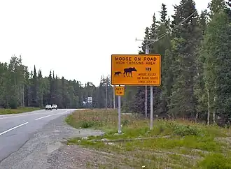 Warning sign in Alaska where trees and brush are trimmed along high moose crossing areas so that moose can be seen as they approach the road