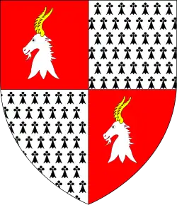 Arms of Morton: Quarterly 1st & 4th: Gules, a goat's head erased argent armed or; 2nd & 3rd: Ermine