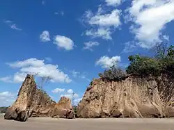 Moruga coastline. The south coast of the island of Trinidad is subject to severe coastal erosion. The soft sandstone rocks are constantly battered by rough seas. Stacks, arches, sand spits and lagoons are common coastal features along this coastline.