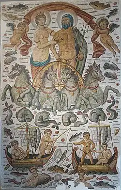 Triumph of Poseidon and Amphitrite showing the couple in procession, detail of a mosaic from Cirta, Roman Africa, 315–325&nbsp;AD, Louvre