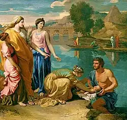 A detailed colorful painting, of several men and women alongside a river. A man is holding a basket containing a human baby.