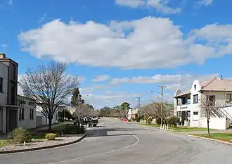 Morago Street, the main street of Moulamein, with the former Royal Hotel on the left and the Tattersalls Hotel on the right