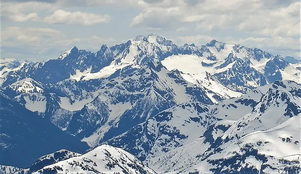 North aspect of Mt. Rahm, and Mt. Spickard behind, (View from Mt. Outram)