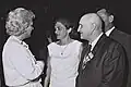 Mrs. Jacqueline Cochran of USA with Israel delegates miss Rina Levinson and U. Michaely at the 57th FAI conference in Rehovot