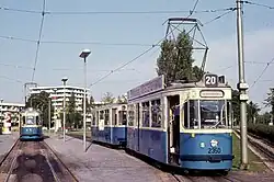 Two Class M trams in August 1974