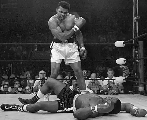 Muhammad Ali standing over Sonny Liston after the "phantom punch"