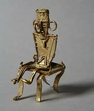 Muisca tunjo on stool, 10th–16th century, Lake Guatavita region, Altiplano Cundiboyacense