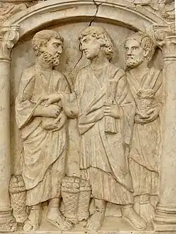 Detail of a sarcophagus depicting the Christian belief in the multiplication of bread loaves and fish by Jesus Christ, c. 350-375 AD, Vatican Museums